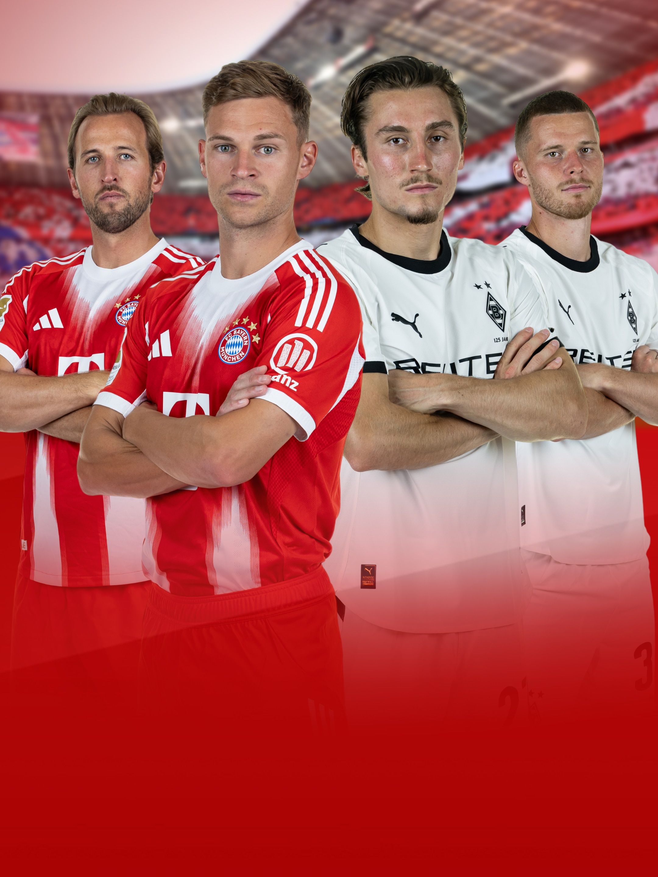 Jeweils zwei Spieler von FC Bayern München und Borussia M'Gladbach